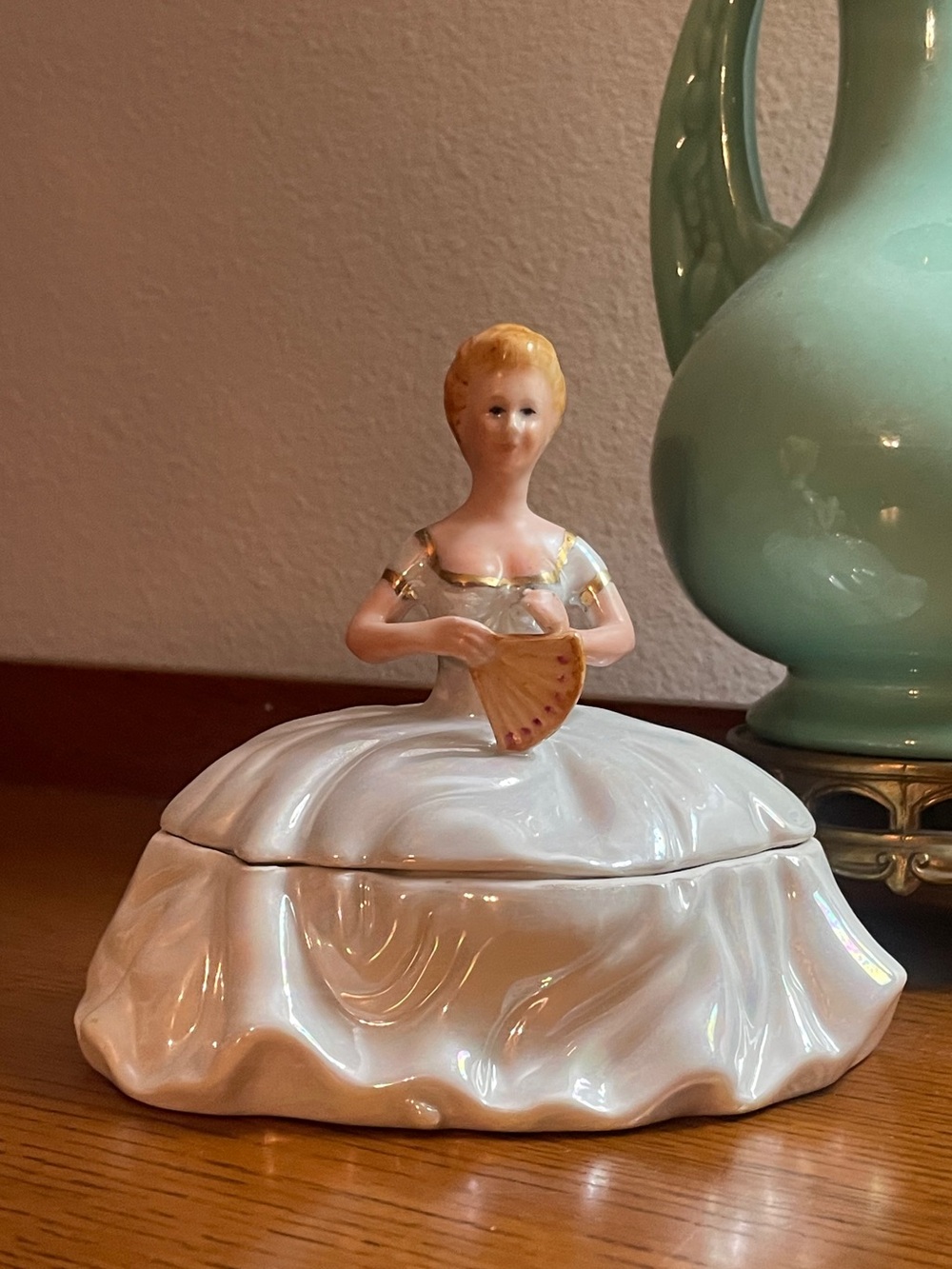 Vintage Victorian lady porcelain trinket powder dish, half doll dresser box